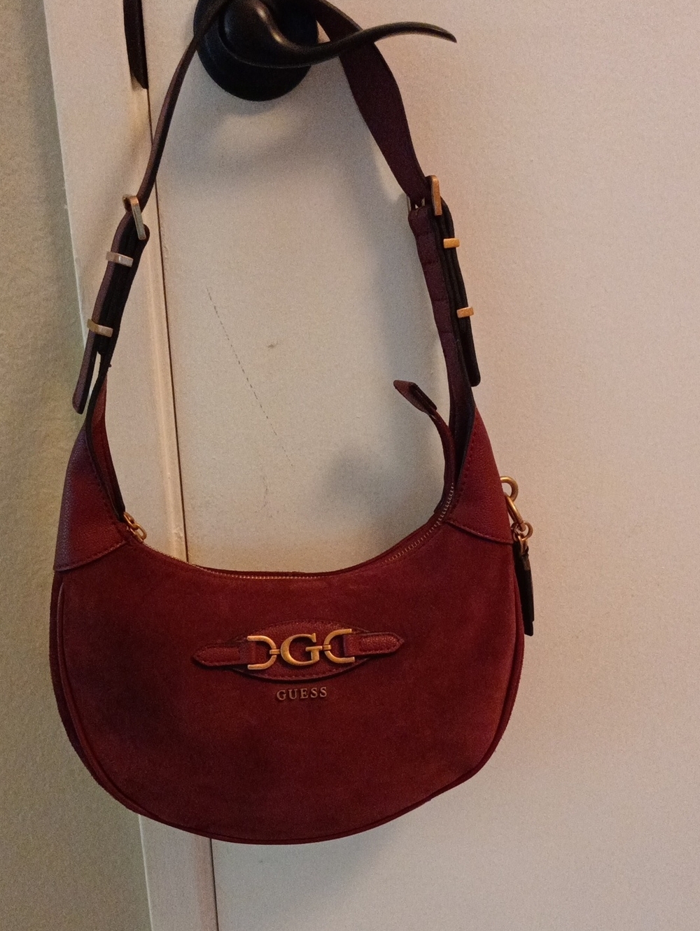 GUESS Malva Burgundy Suede Shoulder Bag with Gold Hardware